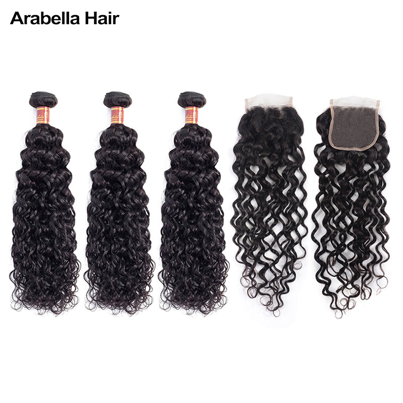 Human hair wig {12A 3Pcs+Closure} Brazilian Water Wave 3 Bundles Hair Weft With 4x4 Lace Closure - arabellahair.com