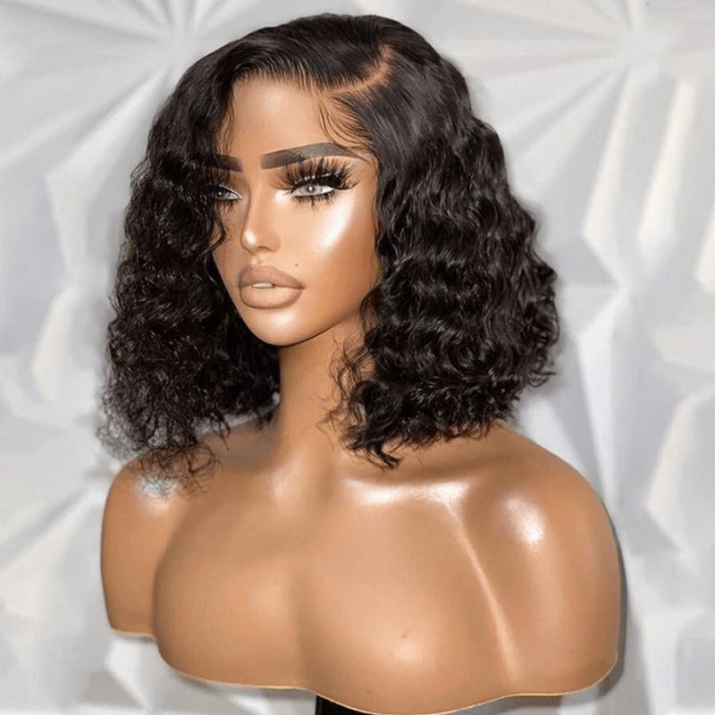 Minimalist Bob: 15A Water Wave 13x4 Lace Front Natural Black Curly Human Hair Wig