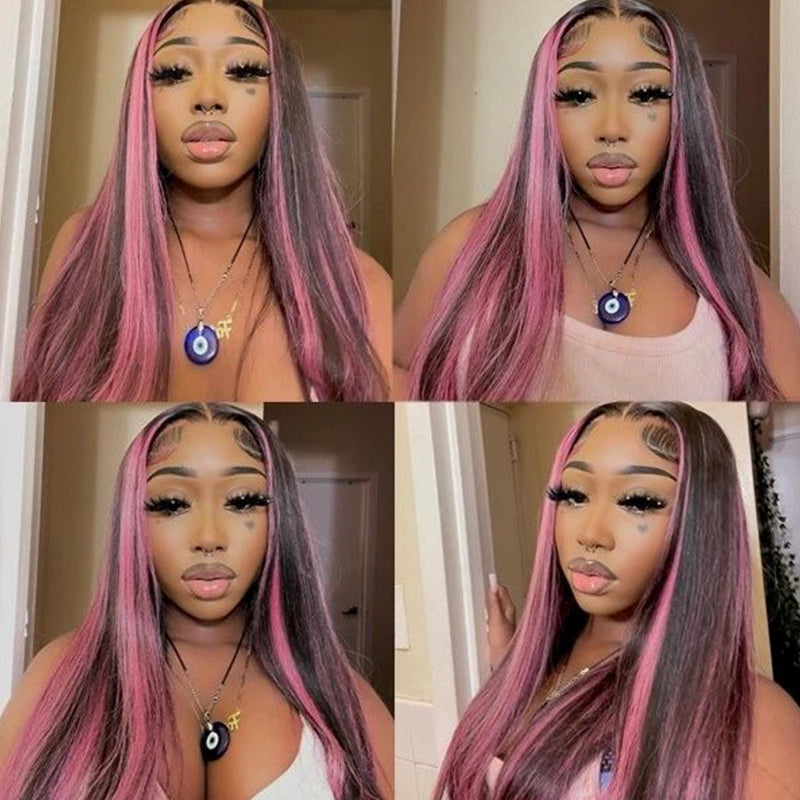 【Flash Sale】Straight Color Wigs with Red Purple Highlights - Transparent 13x4 Lace Free Part