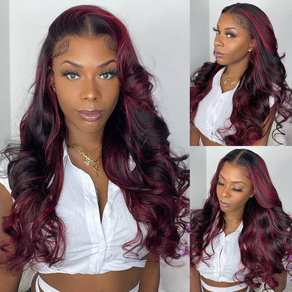 13x4 Lace Front Body Wave Dark Burgundy Rose Red Highlights HD Lace Free Part Wig