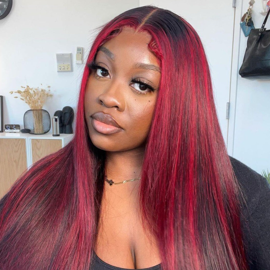 000 13x4 Lace Dark Burgundy With Rose Red Highlights Straight HD Lace Color Human Hair Wigs