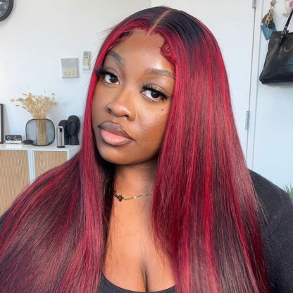 000 13x4 Lace Dark Burgundy With Rose Red Highlights Straight HD Lace Color Human Hair Wigs