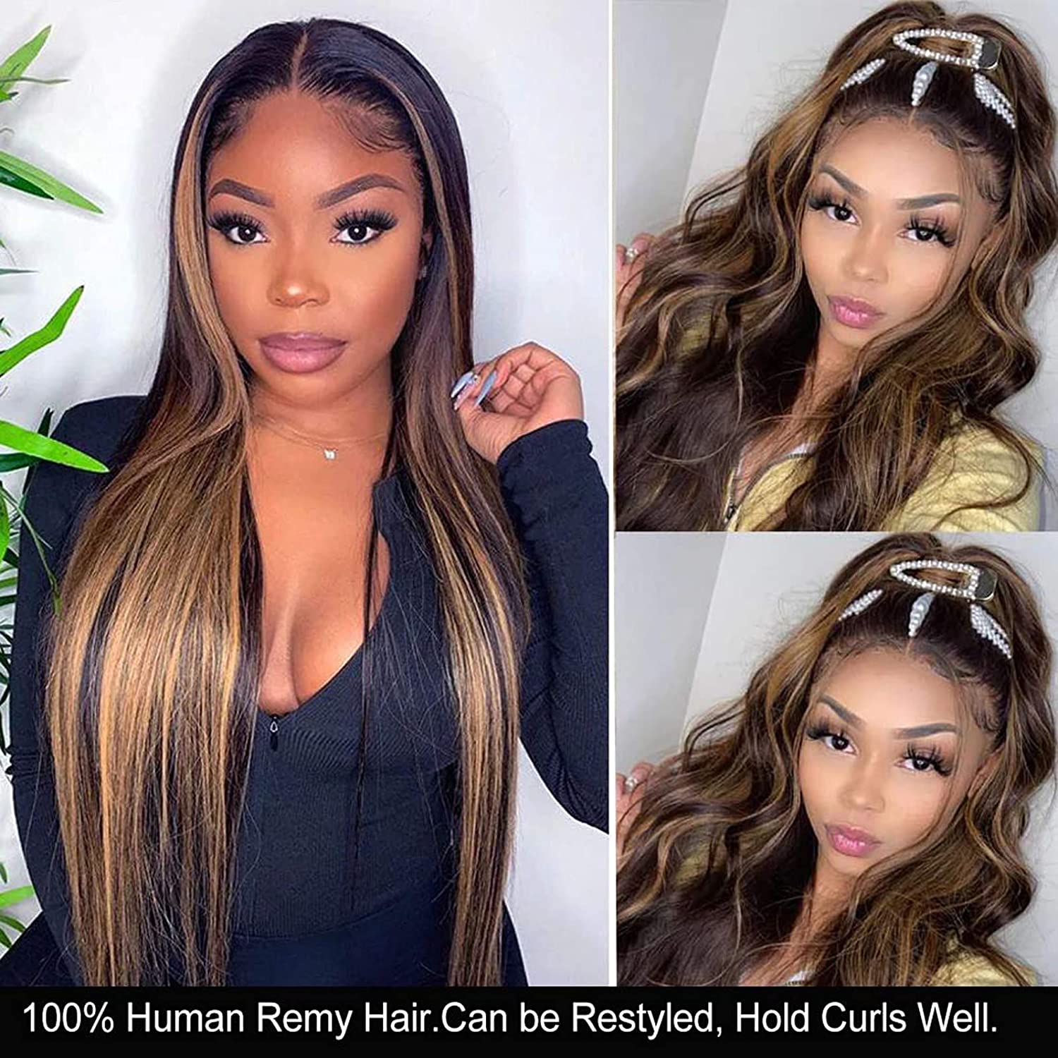 000 Brown Highlights Straight Hair Pre-Plucked 13x4 Lace Front Wig
