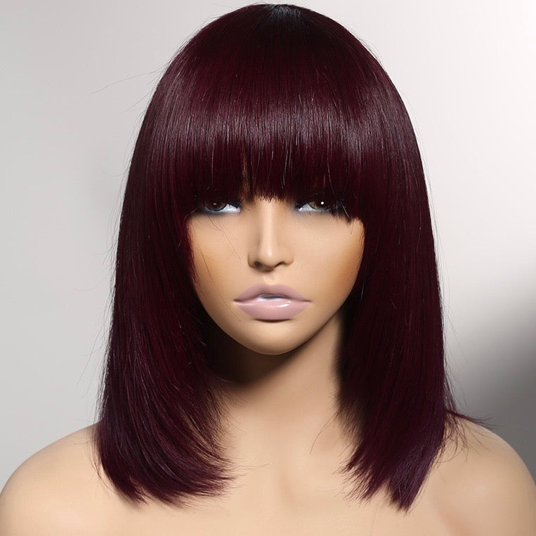 Minimalist Short Bob - Reddish Purple Burgundy Layered Straight with Bangs