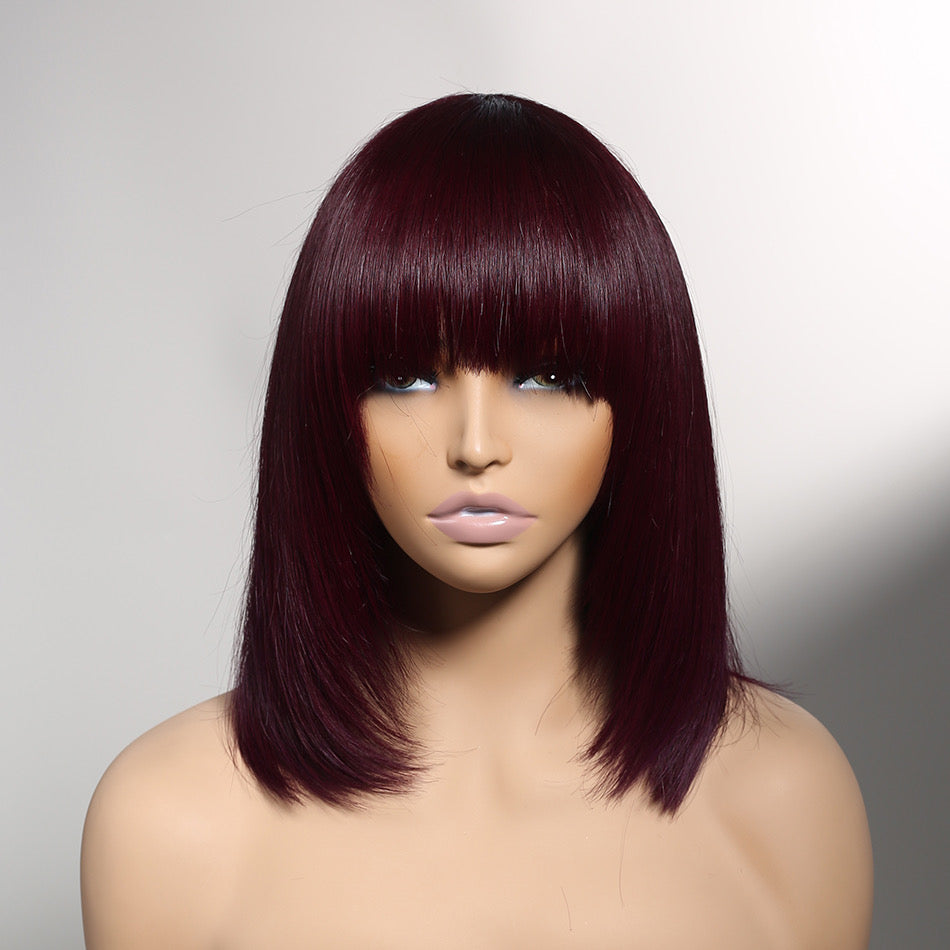 Minimalist Short Bob - Reddish Purple Burgundy Layered Straight with Bangs