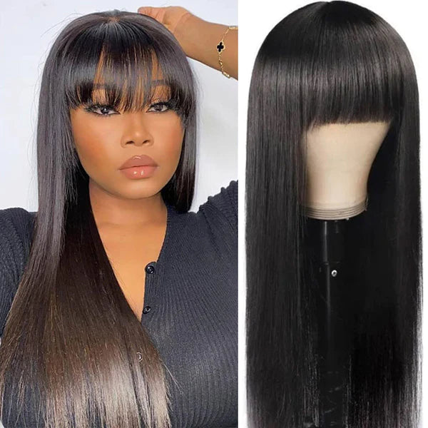 【Super Sale】Straight With Bangs Wig Non-Lace Machine Made Natural Black Protective Style Human Hair Wigs