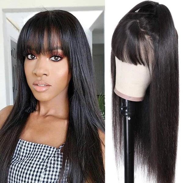 【Super Sale】Straight With Bangs Wig Non-Lace Machine Made Natural Black Protective Style Human Hair Wigs