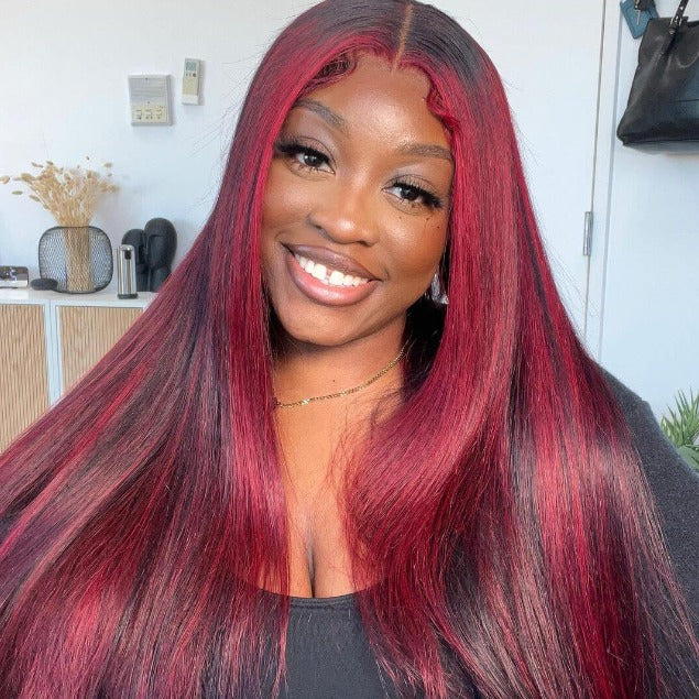 000 13x4 Lace Dark Burgundy With Rose Red Highlights Straight HD Lace Color Human Hair Wigs
