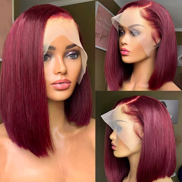 Human hair wig 99J Burgundy Red Color Bob 4x4/13x4/13x6 Lace Wigs Human Hair Wigs Straight Bob Wigs For Black Women 180% Density - arabellahair.com