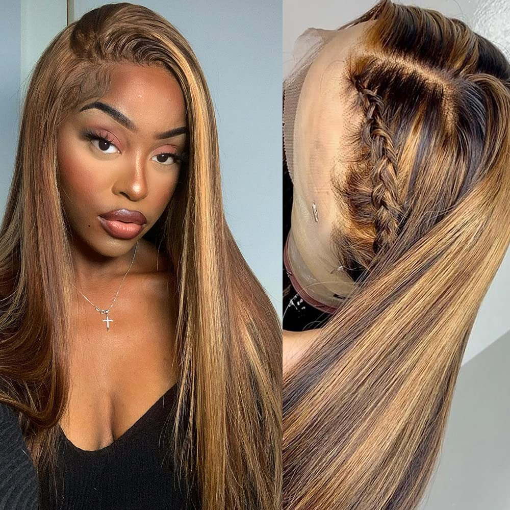 000 Brown Highlights Straight Hair Pre-Plucked 13x4 Lace Front Wig