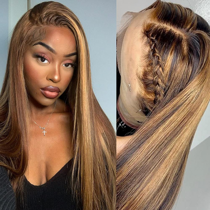 000 Brown Highlights Straight Hair Pre-Plucked 13x4 Lace Front Wig