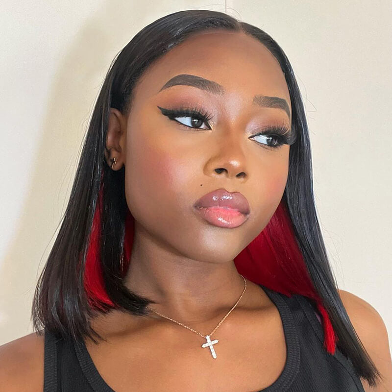 14&quot; = $111 | Arabella 13x4 Pre-All Glueless Peekaboo Highlights Red Straight Bob Wig Invisible Knots Realistic Hairline