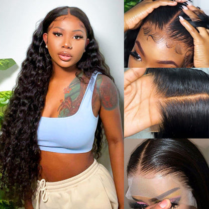 Deep Wave Curly Natural Black 13x6 Lace Frontal Human Hair Wigs
